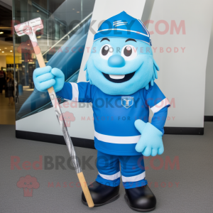 Blue Ice Hockey Stick mascot costume character dressed with a Polo Shirt and Keychains