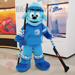 Blue Ice Hockey Stick mascot costume character dressed with a Polo Shirt and Keychains