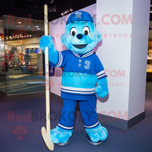 Blue Ice Hockey Stick mascot costume character dressed with a Polo Shirt and Keychains