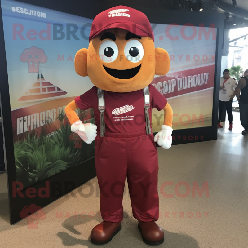 Maroon Pad Thai mascot costume character dressed with a Overalls and Shoe laces Maroon Pad Thai mascot costume character dressed with a Overalls and Shoe laces