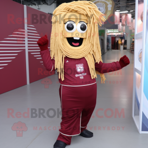 Maroon Pad Thai mascot costume character dressed with a Overalls and Shoe laces