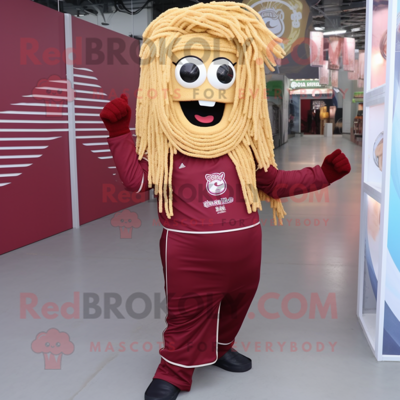 Maroon Pad Thai mascot costume character dressed with a Overalls and Shoe laces Maroon Pad Thai mascot costume character dressed with a Overalls and Shoe laces