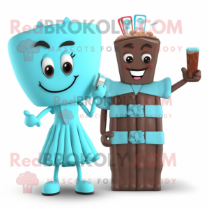 Cyan Chocolate Bars mascot costume character dressed with a Cocktail Dress and Hairpins