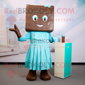 Cyan Chocolate Bars mascot costume character dressed with a Cocktail Dress and Hairpins