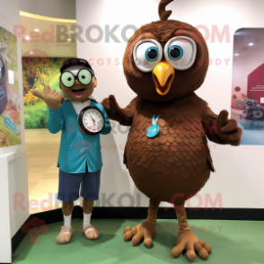 Brown Peacock mascot costume character dressed with a Oxford Shirt and Watches