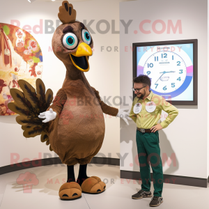 Brown Peacock mascot costume character dressed with a Oxford Shirt and Watches