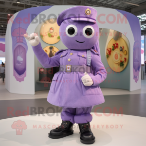 Lavender Army Soldier mascot costume character dressed with a Circle Skirt and Brooches