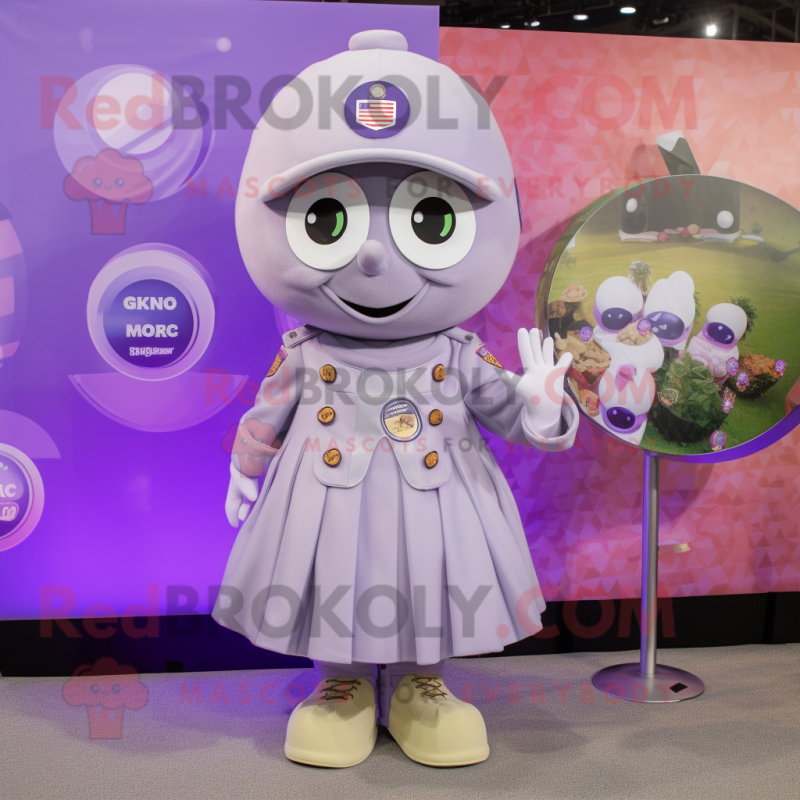 Lavender Army Soldier mascot costume character dressed with a Circle Skirt and Brooches