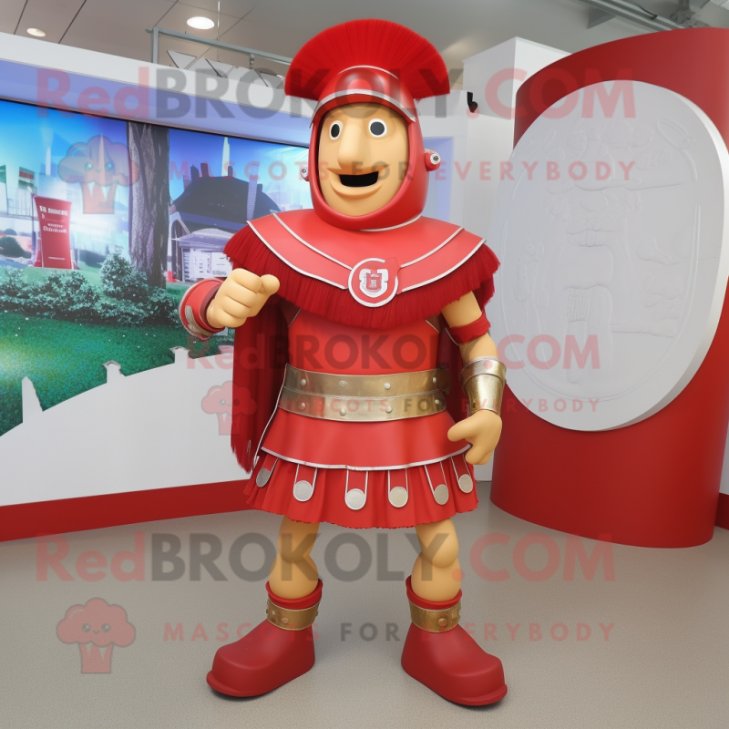 Red Roman Soldier mascot costume character dressed with a Circle Skirt and Anklets