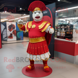 Red Roman Soldier mascot costume character dressed with a Circle Skirt and Anklets