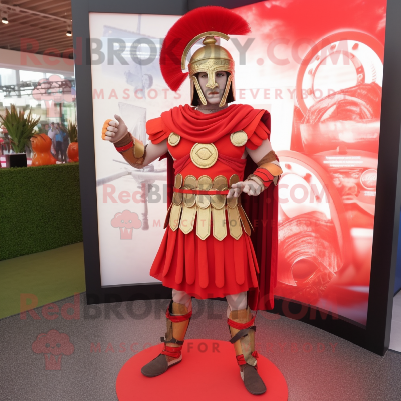 Red Roman Soldier mascot costume character dressed with a Circle Skirt and Anklets Red Roman Soldier mascot costume character dressed with a Circle Skirt and Anklets