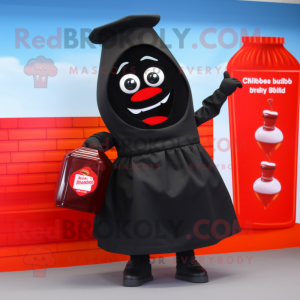 Black Bottle Of Ketchup mascot costume character dressed with a Pencil Skirt and Backpacks