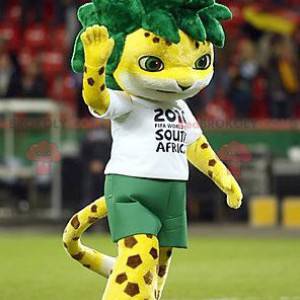 Spotted yellow tiger mascot with green hair - Redbrokoly.com