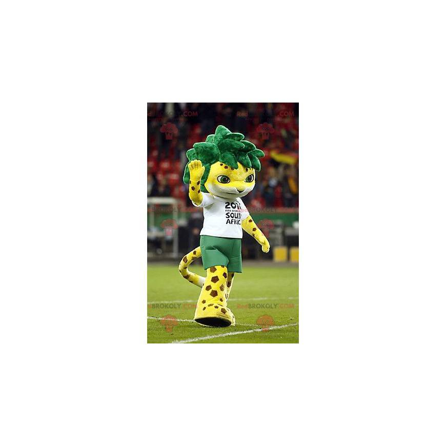 Spotted yellow tiger mascot with green hair - Redbrokoly.com