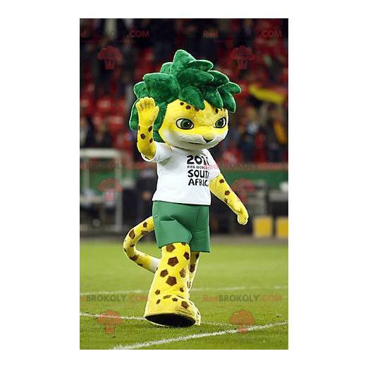 Mascote tigre amarelo malhado com cabelo verde - Redbrokoly.com