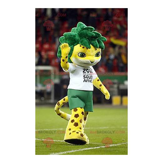 Spotted yellow tiger mascot with green hair - Redbrokoly.com