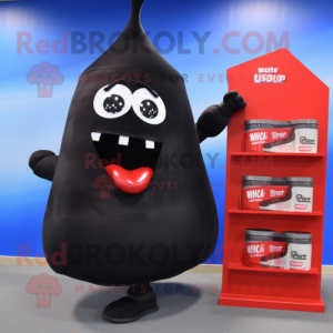 Black Bottle Of Ketchup mascot costume character dressed with a Pencil Skirt and Backpacks