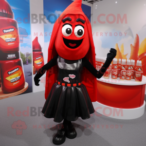 Black Bottle Of Ketchup mascot costume character dressed with a Pencil Skirt and Backpacks