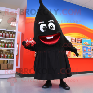 Black Bottle Of Ketchup mascot costume character dressed with a Pencil Skirt and Backpacks