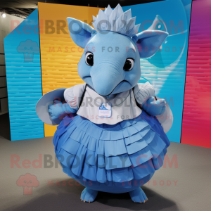 Sky Blue Armadillo mascot costume character dressed with a Maxi Skirt and Backpacks