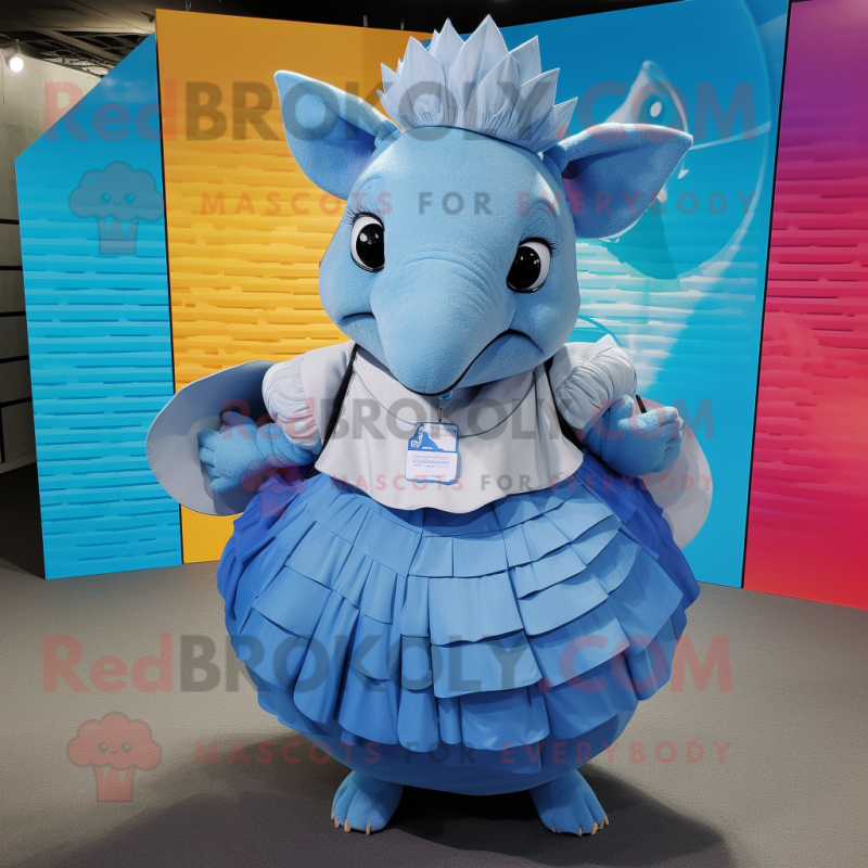 Sky Blue Armadillo mascot costume character dressed with a Maxi Skirt and Backpacks Sky Blue Armadillo mascot costume character dressed with a Maxi Skirt and Backpacks