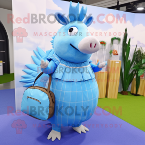 Sky Blue Armadillo mascot costume character dressed with a Maxi Skirt and Backpacks