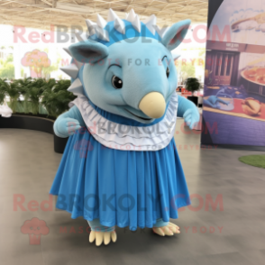 Sky Blue Armadillo mascot costume character dressed with a Maxi Skirt and Backpacks