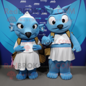 Sky Blue Armadillo mascot costume character dressed with a Maxi Skirt and Backpacks