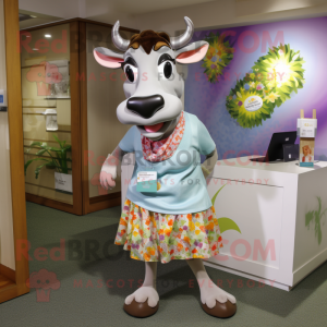 Silver Guernsey Cow mascot costume character dressed with a A-Line Skirt and Brooches