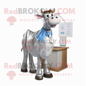 Silver Guernsey Cow mascot costume character dressed with a A-Line Skirt and Brooches