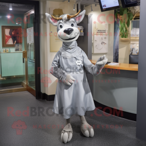 Silver Guernsey Cow mascot costume character dressed with a A-Line Skirt and Brooches