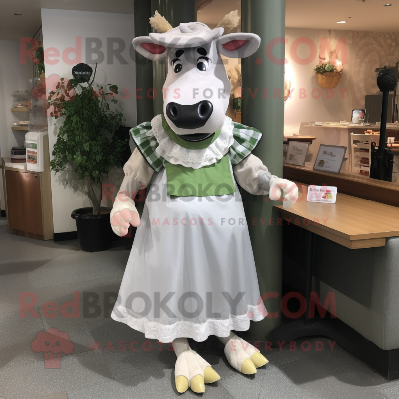 Silver Guernsey Cow mascot costume character dressed with a A-Line Skirt and Brooches