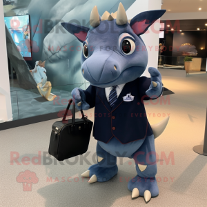 Navy Triceratops mascot costume character dressed with a Skirt and Briefcases