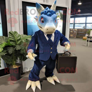 Navy Triceratops mascot costume character dressed with a Skirt and Briefcases