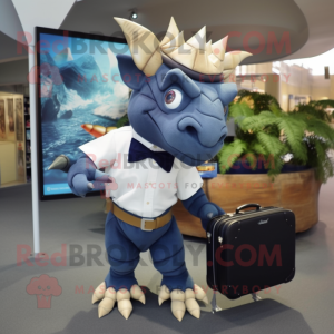 Navy Triceratops mascot costume character dressed with a Skirt and Briefcases