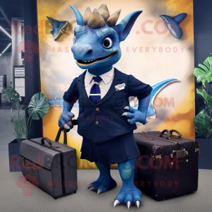 Navy Triceratops mascot costume character dressed with a Skirt and Briefcases