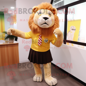 nan Lion mascot costume character dressed with a Pencil Skirt and Tie pins