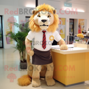 nan Lion mascot costume character dressed with a Pencil Skirt and Tie pins