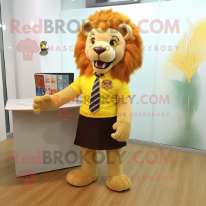 nan Lion mascot costume character dressed with a Pencil Skirt and Tie pins