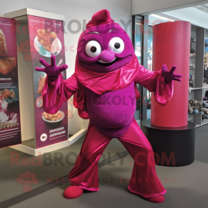 Magenta Contortionist mascot costume character dressed with a Cover-up and Backpacks