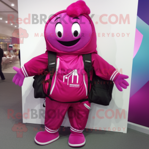 Magenta Contortionist mascot costume character dressed with a Cover-up and Backpacks