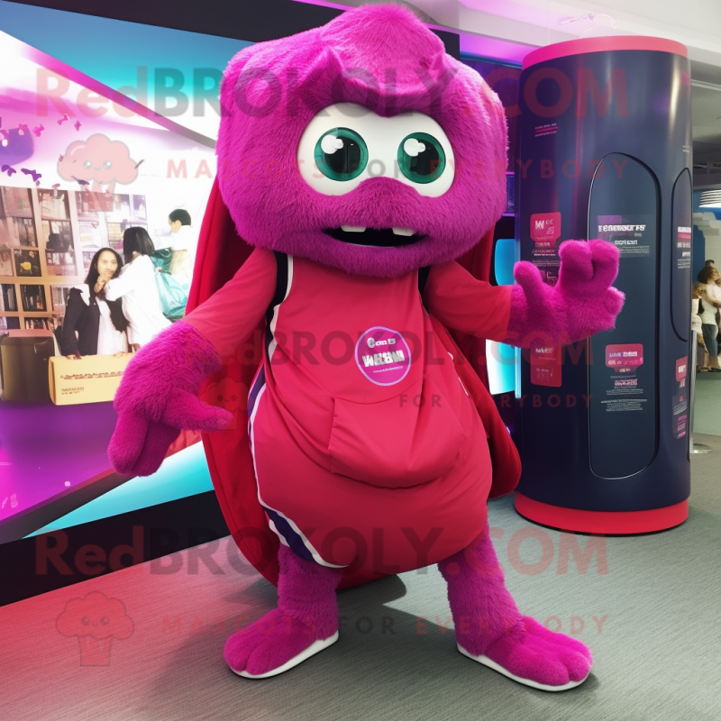 Magenta Contortionist mascot costume character dressed with a Cover-up and Backpacks Magenta Contortionist mascot costume character dressed with a Cover-up and Backpacks