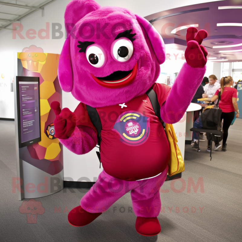 Magenta Contortionist mascot costume character dressed with a Cover-up and Backpacks Magenta Contortionist mascot costume character dressed with a Cover-up and Backpacks