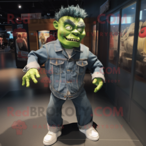 Green Frankenstein'S Monster mascot costume character dressed with a Denim Shirt and Wraps