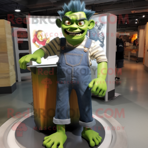 Green Frankenstein'S Monster mascot costume character dressed with a Denim Shirt and Wraps