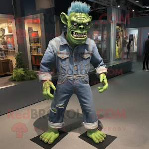 Green Frankenstein'S Monster mascot costume character dressed with a Denim Shirt and Wraps