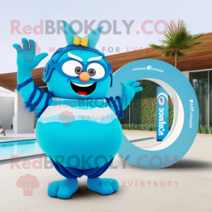 Cyan Moussaka mascot costume character dressed with a Bikini and Rings