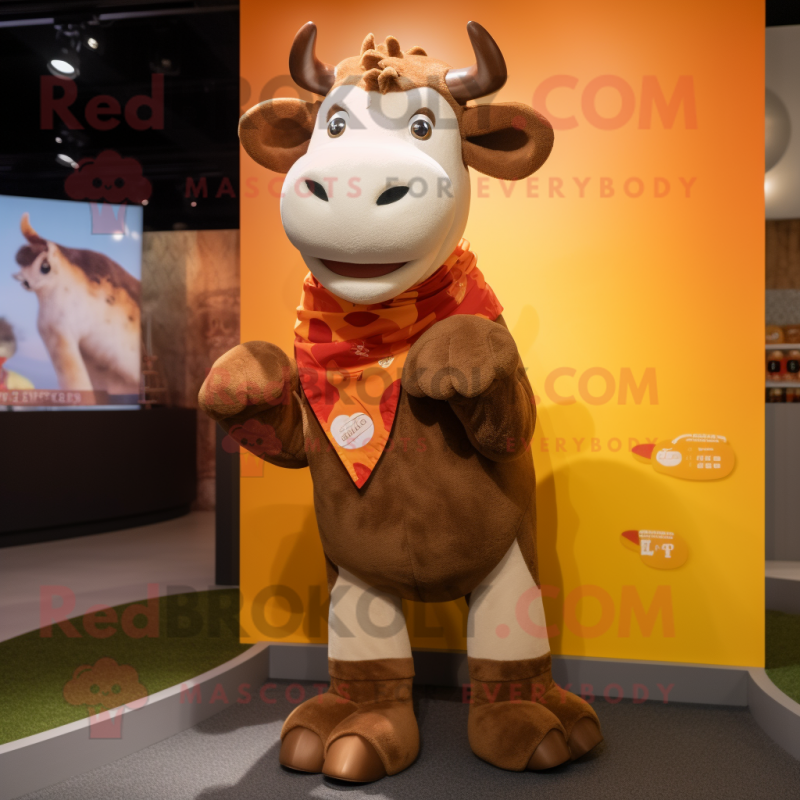 Brown Cow mascot costume character dressed with a Bodysuit and Scarves