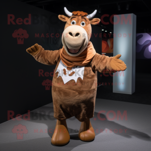 Brown Cow mascot costume character dressed with a Bodysuit and Scarves