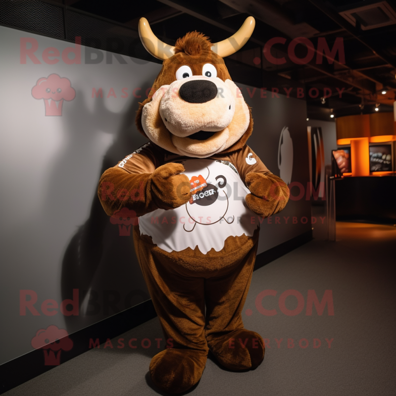 Brown Cow mascot costume character dressed with a Bodysuit and Scarves Brown Cow mascot costume character dressed with a Bodysuit and Scarves